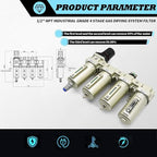 1/2" NPT Industrial Grade 4 Stage Gas Drying System, Coalescing Filter, Desiccant Dryer, Auto Drain, Compatible with Paint Spray, Plasma Cutter (Auto Version)