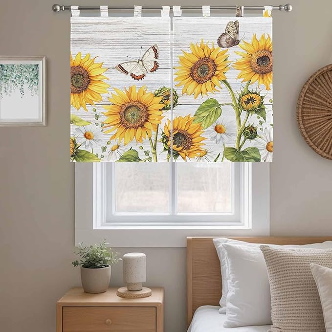 Yellow Sunflowers Kitchen Curtains 45 Inch Length, Short Cafe Window Curtains Tab Top, Vintage Country Flowers Butterfly Wood Board Light Filtering Window Treatments Tier Drapes 27.5"x45" 2 Panel