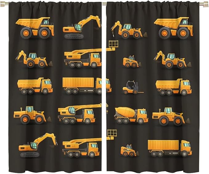 Kids Construction Window Curtains, Construction Machinery Equipment Mode of Transport Bulldozer Tractor Windows Curtain for Children Teens Room Decor 72x63in (30% Blackout)