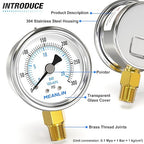 MEANLIN MEASURE 0~300Psi Dry Pressure Gauge Stainless Steel 1/4" NPT 2" FACE DIAL Waterproof for Air Compressor Air Regulator Water Filter Lower Mount, with 1/2" NPT and 3/8" NPT Hex Bushing