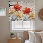 Retro Floral Kitchen Curtains 45 Inch Length, Short Cafe Window Curtains Tab Top, Red Yellow Tulips Barm Doors Farmhouse Wooden Light Filtering Window Treatments Tier Drapes 27.5"x45" 2 Panel