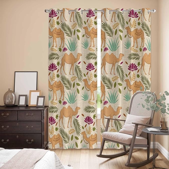 2 Panel Kitchen Cafe Curtains, Desert Camels Sunlight Filtering Nature Air Through, Home Decor Window Covering Tier Curtains for Living Room 104W x 90L inch Vintage Sand Animals Aloe Vera Leaves Beige