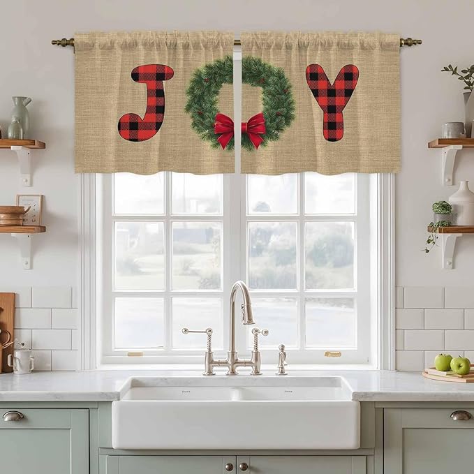 Red Green Christmas Kitchen Tier Curtains 36 Inch Long 2 Panel Set,Rod Pocket Half Window Curtains Over Sink,Xmas Botanical Winter Farmhouse Short Drapes for Bathroom Cafe 27.5"W x 36"L