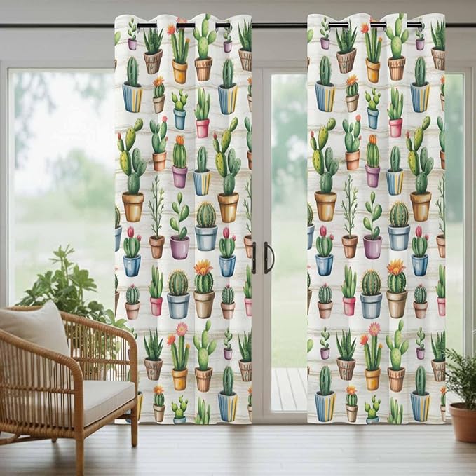 Summer Cactus Outdoor Curtains for Patio Cactus Tropical Plant Wooden Waterproof Outside Curtains with Grommet Top Weatherproof Curtain for Cabana Pergola Gazebo, 2 Pack, 54" W x 95" L