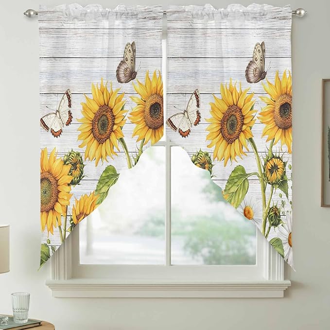 Yellow Sunflowers Swag Valances for Windows, Vintage Country Flowers Butterfly Wood Board Rod Pocket Kitchen Curtains Valance, Kitchen Window Curtains Swag for Cafe Living Room, 2 Panels, 36x63 inch
