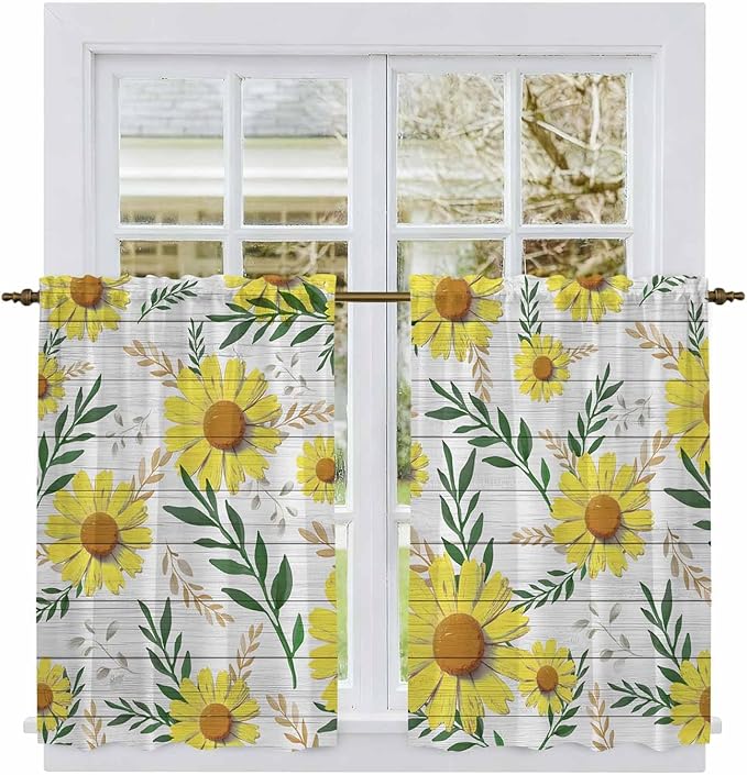 Yellow Daisy Kitchen Curtains, Farmhouse Country Flower Leaf Plant Wood Grain Light Filtering Window Curtain Panels, 2Pcs Rod Pocket Window Treatments Set for RV Dining Room Study Room 42x54 Inches