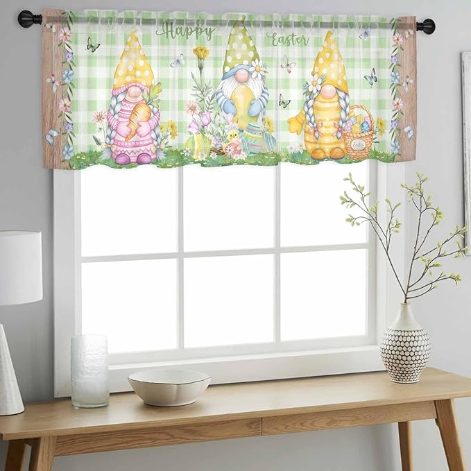 Easter Sheer Valances for Windows 60"x18", Light Filtering Kitchen Curtains Valance, Gnomes Flowers Duck Eggs Green Lattice Wooden Rod Pocket Chiffon Curtains for Living Room Bedroom Cafe