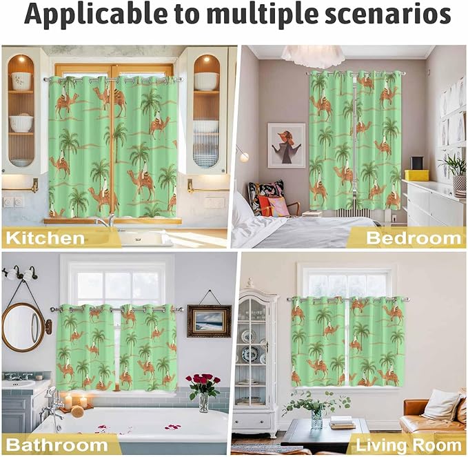 2 Panel Kitchen Cafe Curtains, Desert Camels Sunlight Filtering Nature Air Through, Home Decor Window Covering Tier Curtains for Living Room 80W x 84L inch Tropical Date Palm Trees Animal Green