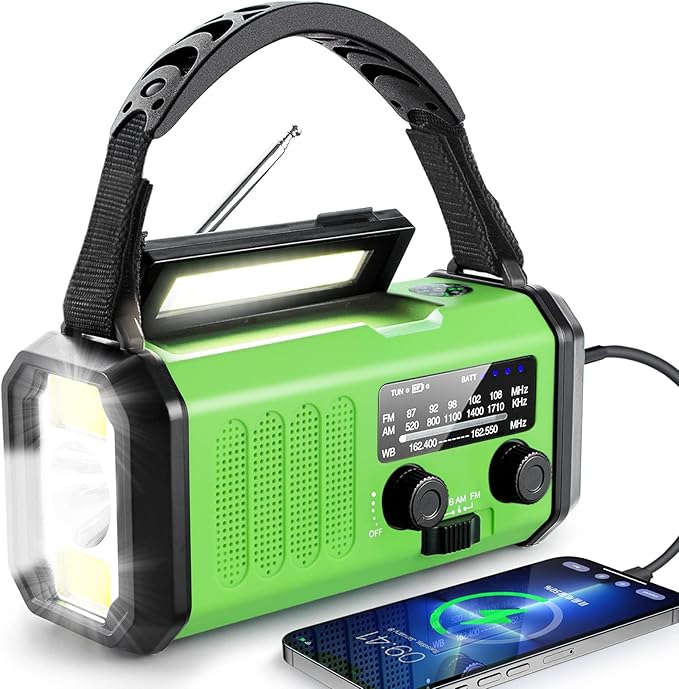 Hand Crank Emergency Radio, 10000mAh Solar Powered NOAA/AM/FM Weather Radio with Multi-Function LED Flashlight and Cell Phone Charger for Indoor/Outdoor Emergencies