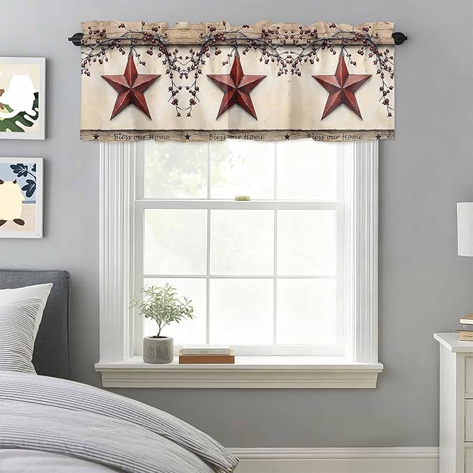 Farmhouse American Valances for Windows, Country Star Berries Vintage Wood Grain Kitchen Valance Light Filtering Rod Pocket Short Curtains for Kitchen Bathroom, 1 Panel, 54"x18"