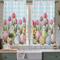 Easter Window Curtains 63 Inch Long 2 Panel Set, Rod Pocket Bedroom Curtains & Drapes, Spring Bunny Colorful Eggs Tulip Flowers Blue Check Light Filtering Window Treatment for Living Room 42"W x 63"L