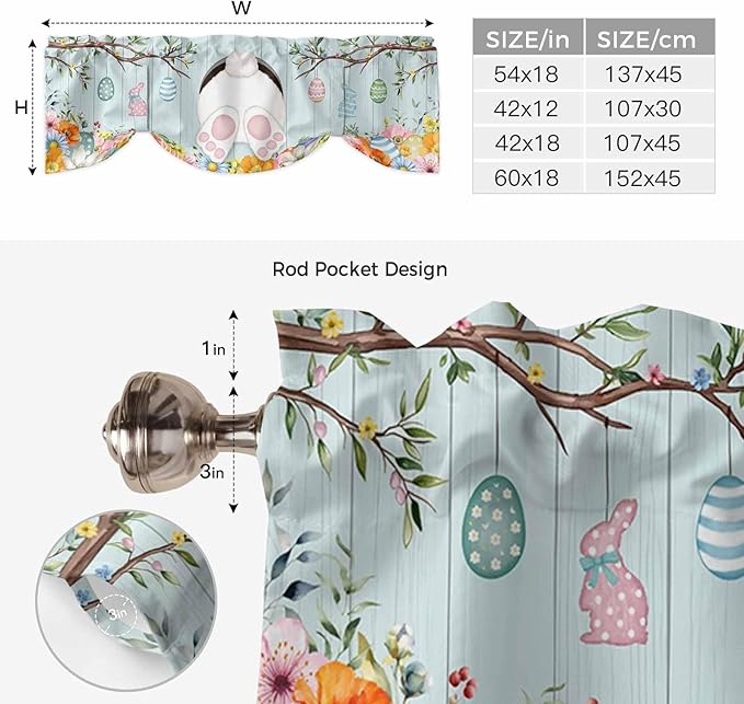 Easter Bunny Tie Up Valance Curtains for Windows, Kitchen Curtains Window Shades, Easter Eggs Spring Farmhouse Wood Grain Teal Blue Light Filtering Curtain Valances for Bedroom/Bathroom/Cafe 60"x18"