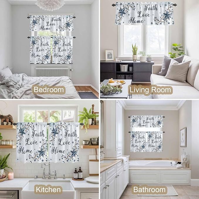 Texas Star Country Kitchen Curtains Set 3 Piece for Windows, Rod Pocket Valance and Tier Set 24 Inch Length, Blue Farmhouse Branches Light Filtering Cafe Curtains for Living Room Bathroom