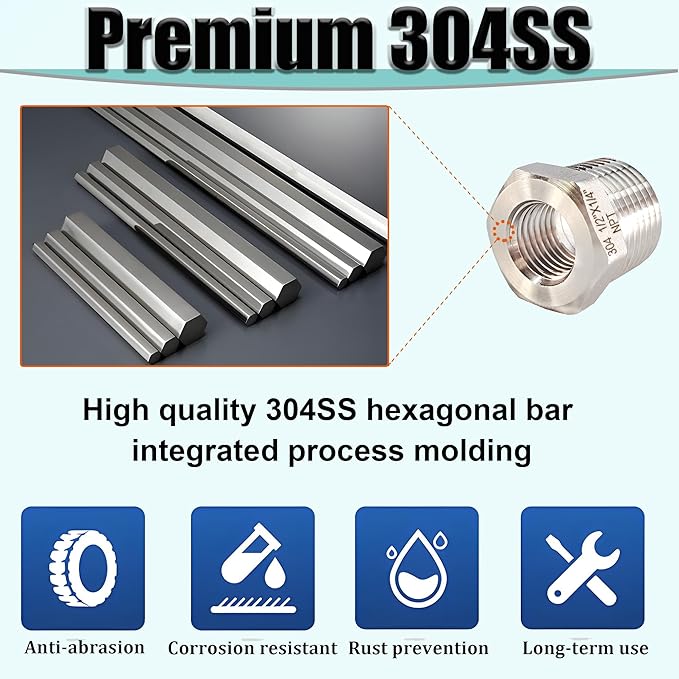 1/2" NPT Male to 3/8" NPT Female Hex Bushing Reducer, 304 Stainless Steel NPT Reducing Adapter Pipe Fitting, Heavy Duty Pipe Hex Bushing for Reducing Pipe (1/2” MNPT x 3/8” FNPT)
