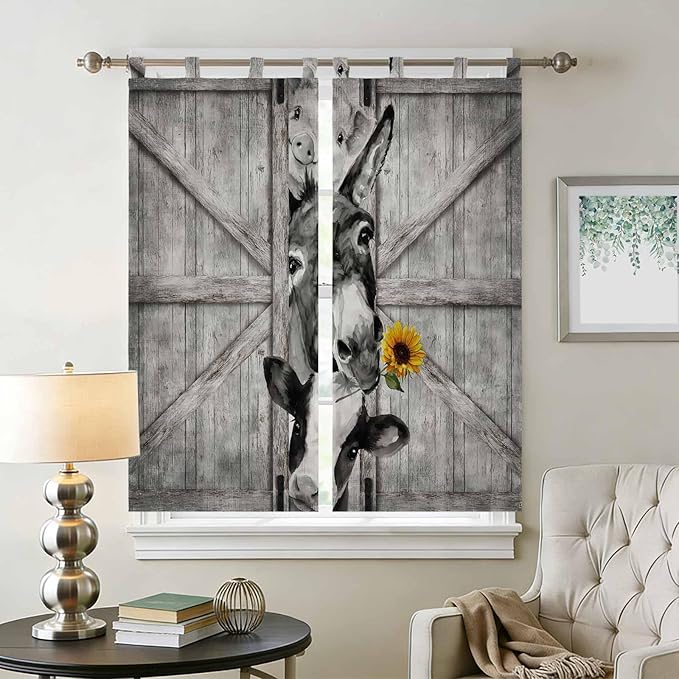Funny Farm Animals Living Room Curtains 84 Inch Length, Window Curtains Tab Top, Vintage Barn Grey Sunflowers Light Filtering Window Treatments Drapes 42"x84" 2 Panel