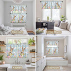 Kitchen Curtains Tiers and Valance Set of 3, Easter Light Filtering Window Curtain Set, Spring Rabbit Eggs Seasonal Flowers Blue Lattice Rod Pocket Curtain Drapes for Living Room, 24 Inches Tiers