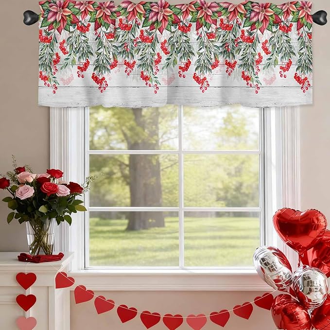 Poinsettia Berry Valance Curtains for Kitchen, Red Floral Winter Plants Vintage Wood Grain Privacy Rod Pocket Valance Curtain, Light-Filtering Window Treatment for Bedroom Bathroom, 42"x18"