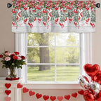 Poinsettia Berry Valance Curtains for Kitchen, Red Floral Winter Plants Vintage Wood Grain Privacy Rod Pocket Valance Curtain, Light-Filtering Window Treatment for Bedroom Bathroom, 60"x18"