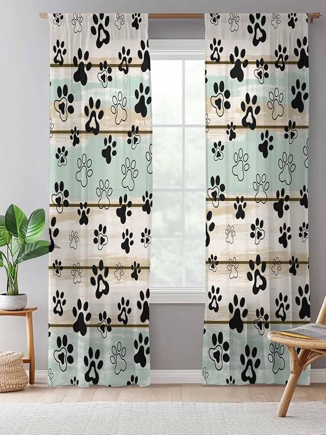 Sheer Curtains 96 Inches Long, Sage Green Beige Farmhouse Semi Sheer Curtains Light Filtering Window Treatment, Black Dog Paw Vintage Wooden Privacy Voile Drapes for Living Room Bedroom 52x96 Inch