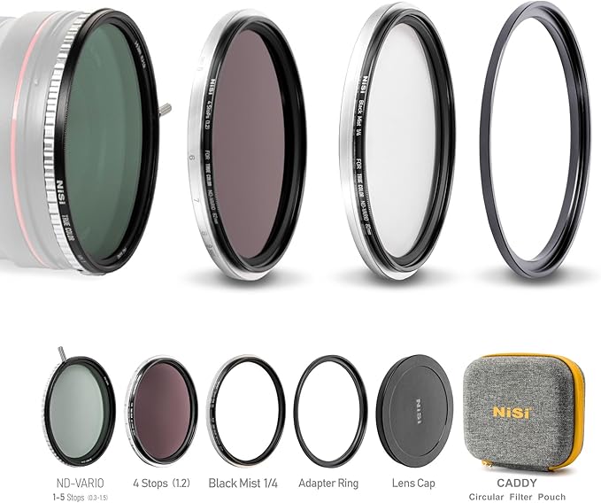 NiSi - 77mm Swift System VND Mist Kit, 1-5 Stop True Color Variable Neutral Density Filter, Swift Adapter Ring, Two Friction-Mounted Filters (ND16 4-Stop, Black Mist 1/4), Photography and Videography