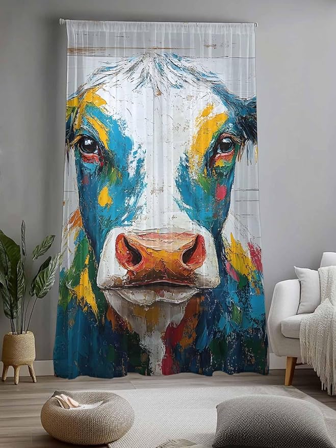 Sheer Curtains 96 Inches Long, Rustic Cow Semi Sheer Curtains Light Filtering Window Treatment, Vintage Colorful Animals Art Wooden Grain Privacy Voile Drapes for Living Room Bedroom 52x96 Inch