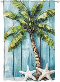 Sheer Curtains 72 Inches Long, Coastal Beach Starfish Semi Sheer Curtains Light Filtering Window Treatment, Blue Green Tropical Palm Tree Wood Grain Privacy Voile Drapes for Living Room 52x72 Inch