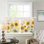 Yellow Sunflowers Kitchen Curtains 36 Inch Length, Small Window Curtains Tab Top, Country Farm Butterfly Flower Light Beige Light Filtering Short Window Treatments Tier Drapes 27.5"x36" 2 Panel