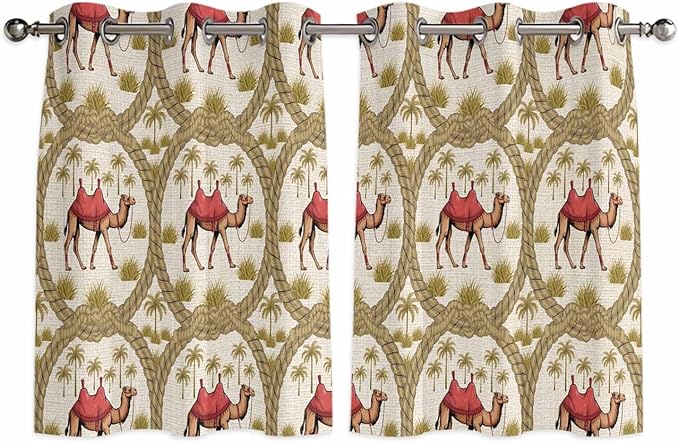 2 Panel Kitchen Cafe Curtains, Camels Palm Trees Sunlight Filtering Nature Air Through, Window Decor Tier Curtains for Living Room 104W x 52L inch Desert Date Coconut Trees Leaves Cords Beige