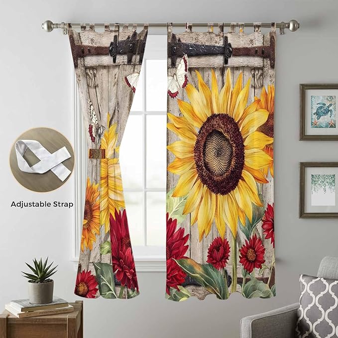 Sunflowers Living Room Curtains 96 Inch Length, Window Curtains Tab Top, Retro Flower Barn Doors Butterfly Farmhouse Brown Light Filtering Window Treatments Drapes 52"x96" 2 Panel