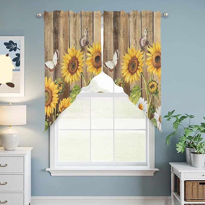 Farmhouse Sunflowers Swag Valances for Windows, Rustic Floral Buttterfly Wood Board Brown Rod Pocket Kitchen Curtains Valance, Kitchen Window Curtains Swag for Cafe Living Room, 2 Panels, 36x45 inch