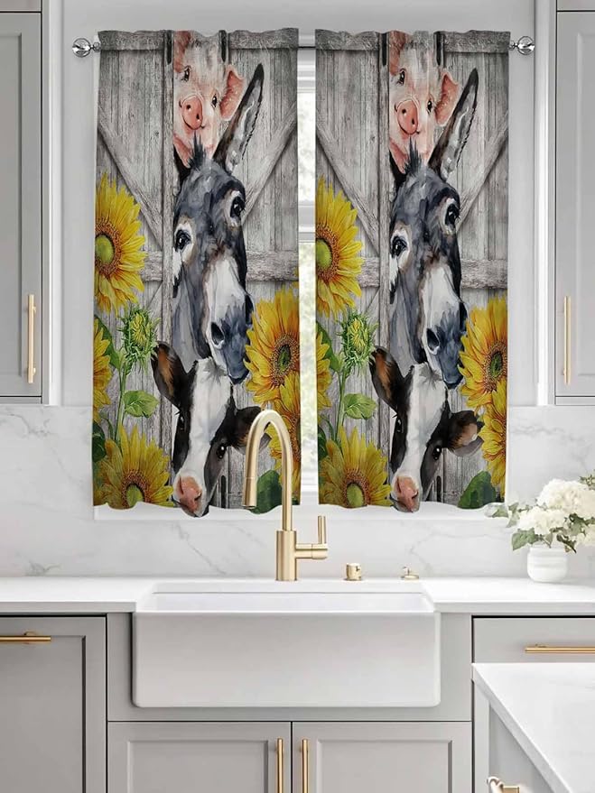 Farmhouse Bedroom Curtains 63 Inches length, Vintage Sunflowers Animals Printed Wood Grain Window Treatment Curtain Drapes, Rod Pocket Curtain Panels for Living Room Kitchen, 42"x63", 2 Panels