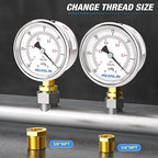 MEANLIN MEASURE -30inHG~0Psi Vacuum Gauge Stainless Steel 1/8" NPT 2" FACE DIAL Waterproof for Air Compressor HVAC Negative Pressure Hand Pump Pool Lower Mount, with 1/4" NPT and 3/8" NPT Hex Bushing