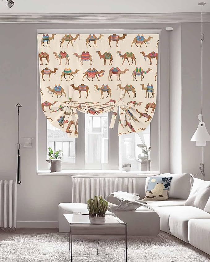 Tie Up Curtains for Windows, Summer Camels Adjustable Balloon Nature Linen Textured Kitchen Curtain, Farmhouse Retro Cartoon Desert Animals Tie Up Light Filtering Curtains for Decor, 34 x 45 In