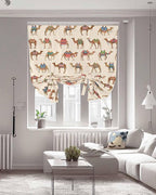 Tie Up Curtains for Windows, Summer Camels Adjustable Balloon Nature Linen Textured Kitchen Curtain, Farmhouse Retro Cartoon Desert Animals Decorative Tie Up Curtain for Window, 52" x 45"