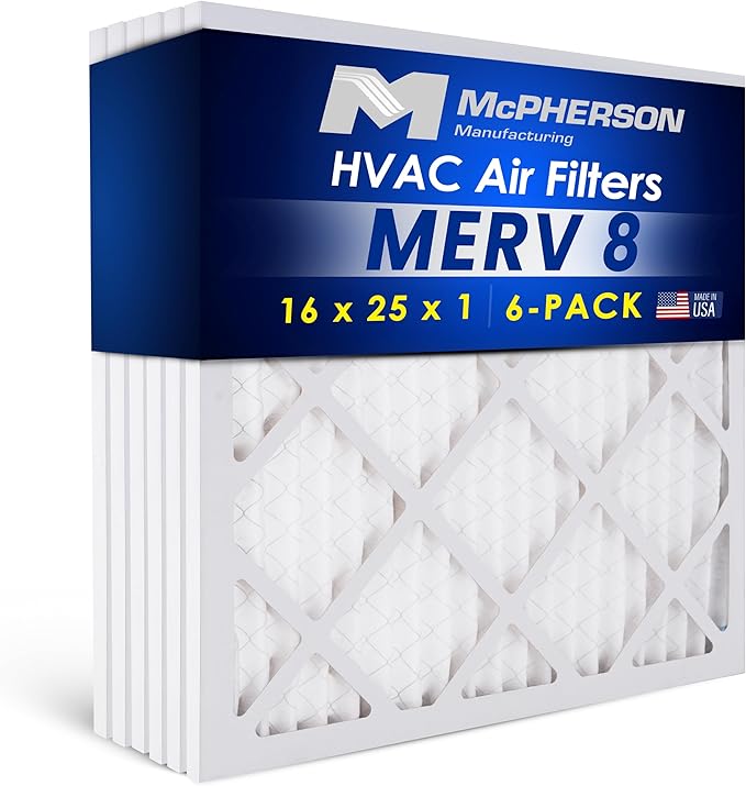 16x25x1 Air Filters, MERV 8 Pleated HVAC AC Furnace Filter Replacement, For Home and Commercial Use, Dust, Pet, & Lint, Made In USA, Easy Install (6 Pack)