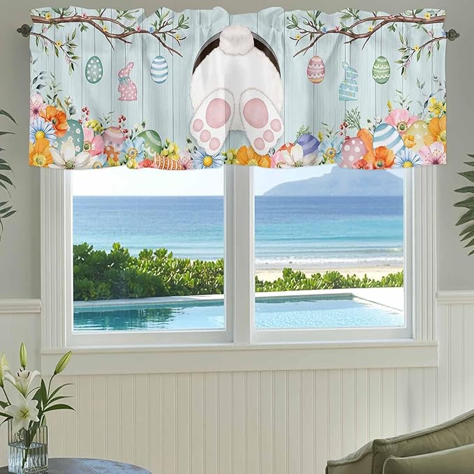 Easter Bunny Curtain Valances for Windows, Kitchen Valance Window Treatment, Easter Eggs Spring Farmhouse Wood Grain Teal Blue Light Filter Block Curtains for Bathroom/Bedroom/Living Room 42'' x 12''