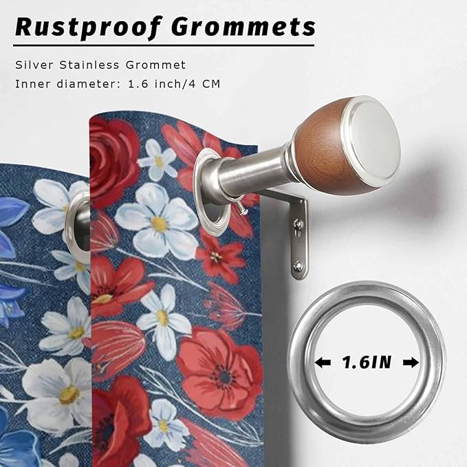 4th of July Outdoor Curtains for Patio Patriotic Flowers Farmhouse Red Waterproof Outside Curtains with Grommet Top Weatherproof Curtain for Cabana Pergola Gazebo, 2 Pack, 54" W x 84" L