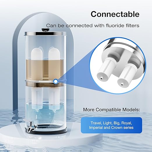 Purewell 3-Stage Gravity Fed Water Filter System, 2.25 Gallon Stainless Steel Countertop System with 2 Washable Ceramic Filters and Stand, Reduce up to 99% Chlorine, PW-OBT