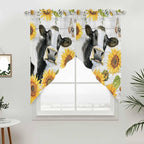Retro Farmhouse Floral Swag Valances for Windows, Yellow Sunflowers Cows Butterfly Wood Rod Pocket Kitchen Curtains Valance, Small Window Curtains Swag for Cafe Living Room, 2 Panels, 28x36 inch