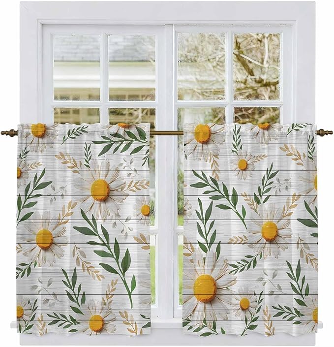 Spring Daisy Kitchen Curtains, Farmhouse Country Flower Leaf Plant Wood Grain Light Filtering Window Curtain Panels, 2Pcs Rod Pocket Window Treatments Set for RV Dining Room Study Room 42x54 Inches