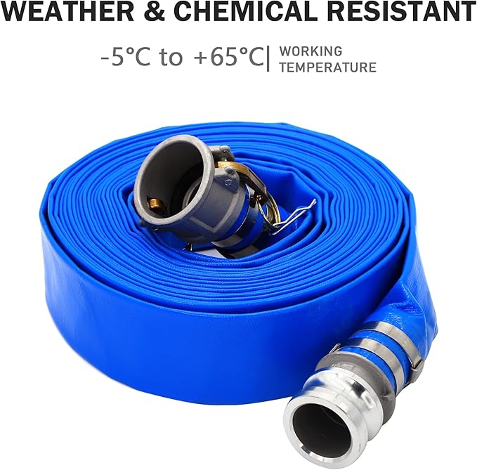 DAVCO 1-1/2" ID × 100 ft PVC Lay Flat Discharge Hose, Heavy Duty Reinforced Blue Pool Backwash Hoses For Swimming Drain Pools, with Aluminum Camlock C and E Fittings, Cam Lock Fitting Type F included