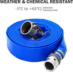 DAVCO 1-1/2" ID × 50 ft PVC Lay Flat Discharge Hose, Heavy Duty Reinforced Blue Pool Backwash Hoses For Swimming Drain Pools, with Aluminum Camlock C and E Fittings, Cam Lock Fitting Type F included