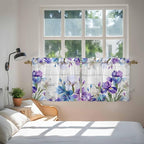 Spring Flowers Tier Curtains, Watercolor Garden Florals Wooden Grain Light Filtering Kitchen Curtains, 2Pcs Rod Pocket Half Window Treatments Panels for Sink Cafe Cabinet Camper 27.5x24 Inches