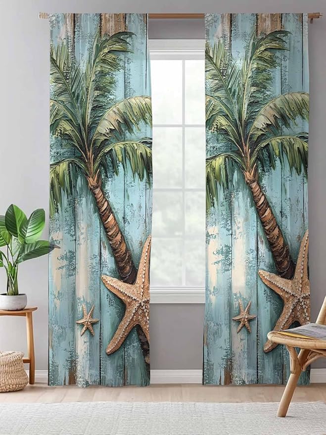 Sheer Curtains 84 Inches Long, Coastal Blue Green Tree Semi Sheer Curtains Light Filtering Window Treatment, Beach Tropical Vintage Wood Grain Privacy Voile Drapes for Living Room Bedroom 52x84 Inch