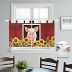 Pigs Sunflowers Kitchen Curtains 36 Inch Length, Small Window Curtains Tab Top, Farmhouse Red Barn Flowers Animals Light Filtering Short Window Treatments Tier Drapes 27.5"x36" 2 Panel