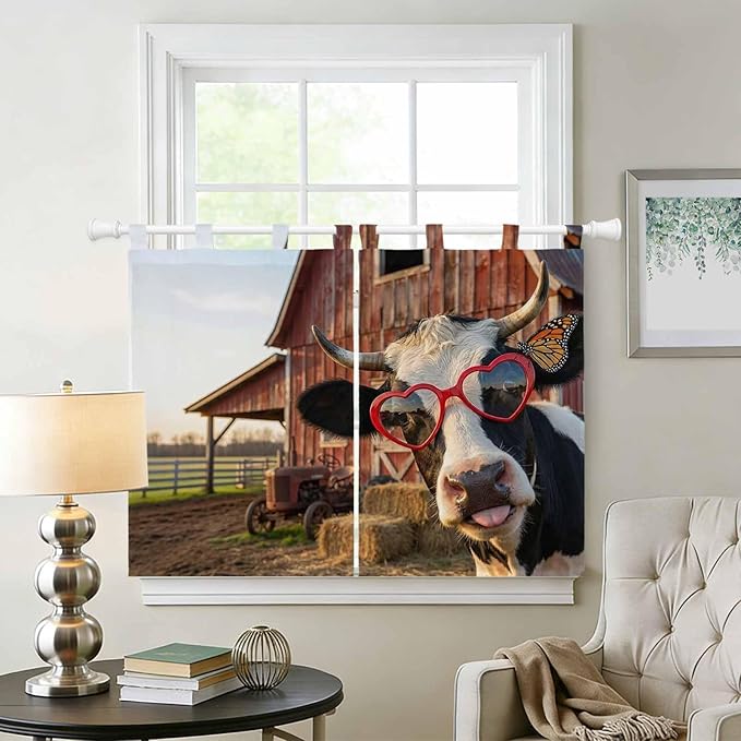 Farm Cows Kitchen Curtains 45 Inch Length, Short Cafe Window Curtains Tab Top, Farmhouse Barn Funny Animals Butterfly Light Filtering Window Treatments Tier Drapes 27.5"x45" 2 Panel