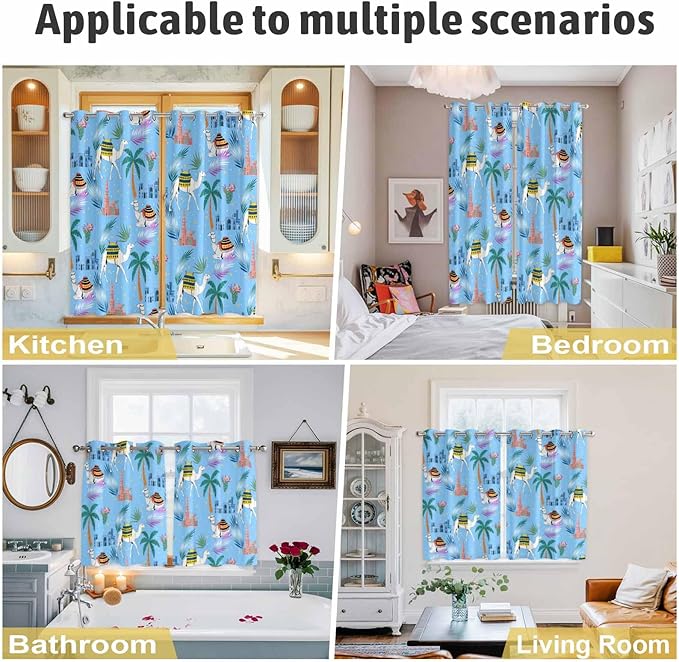 2 Panel Kitchen Cafe Curtains, Desert Landscape Sunlight Filtering Nature Air Through, Window Decor Tier Curtains for Living Room 104W x 63L inch Cute Camels Palm Trees Houses Leaves Blue