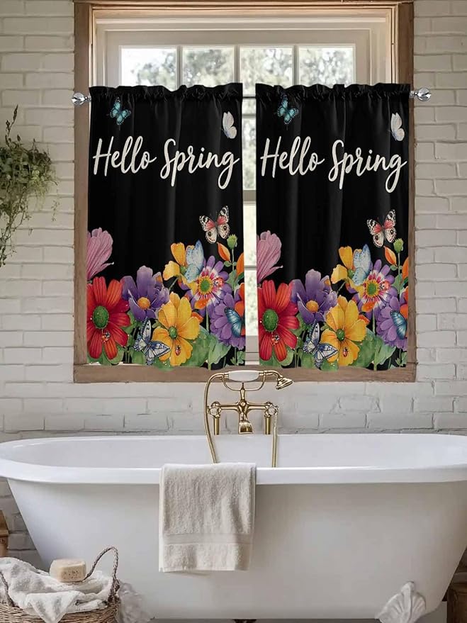 Spring Flowers Tier Curtains 45 Inches Long, Watercolor Country Colorful Floral Black Window Treatment Curtain Drapes, Small Curtain Drapes for Bathroom Laundry Room, 27.5"x45", 2 Panels