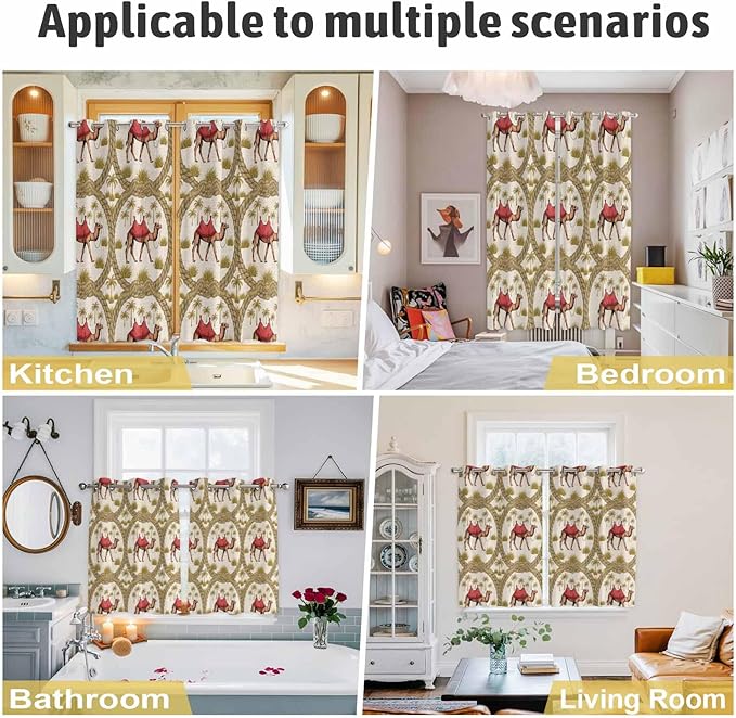2 Panel Kitchen Cafe Curtains, Camels Palm Trees Sunlight Filtering Nature Air Through, Window Decor Tier Curtains for Living Room 104W x 72L inch Desert Date Coconut Trees Leaves Cords Beige