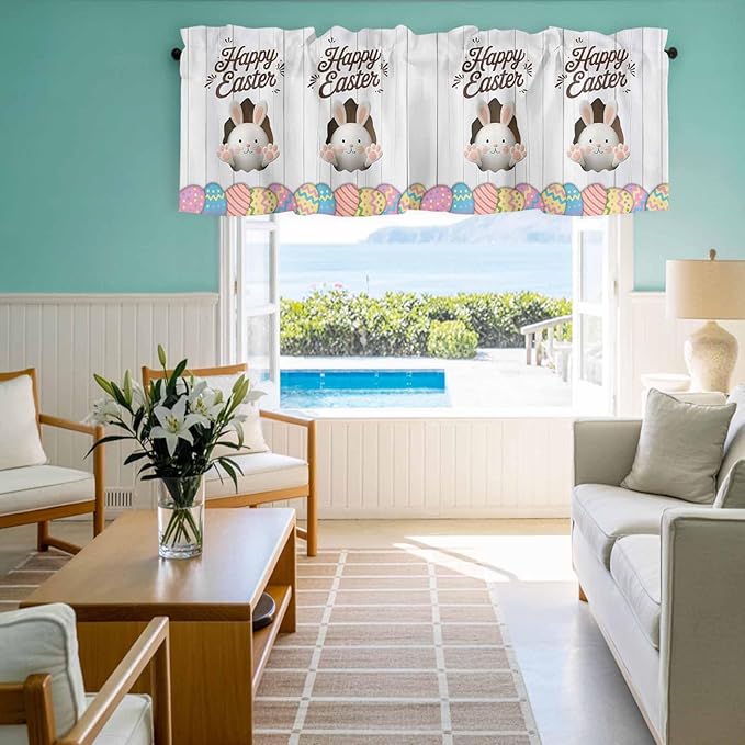 Grey Easter Curtain Valances for Windows, Kitchen Valance Window Treatment, Spring Cartoon Bunny Colorful Eggs Wood Grain Light Filtering Block Curtains for Bathroom/Bedroom/Living Room 54'' x 18''